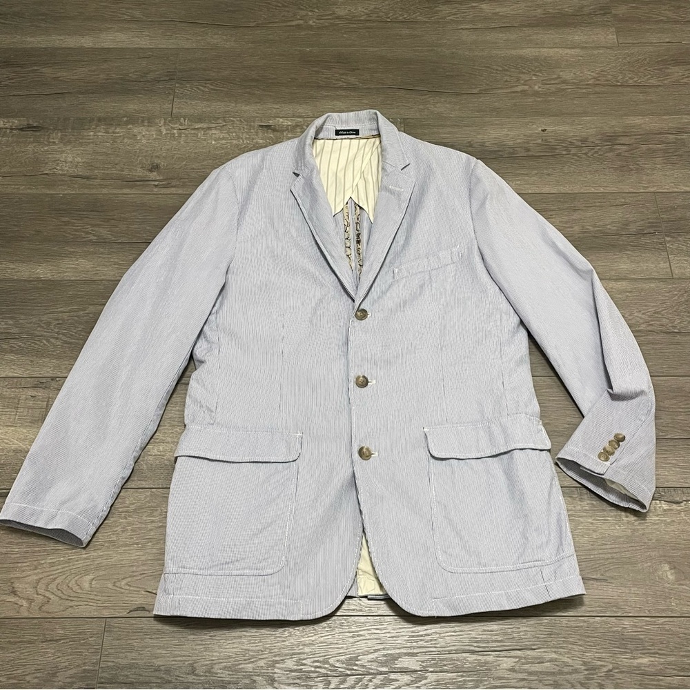 J Crew Blazer Jacket Men Blue White Striped Classic Cotton Vented Nautical Sz M